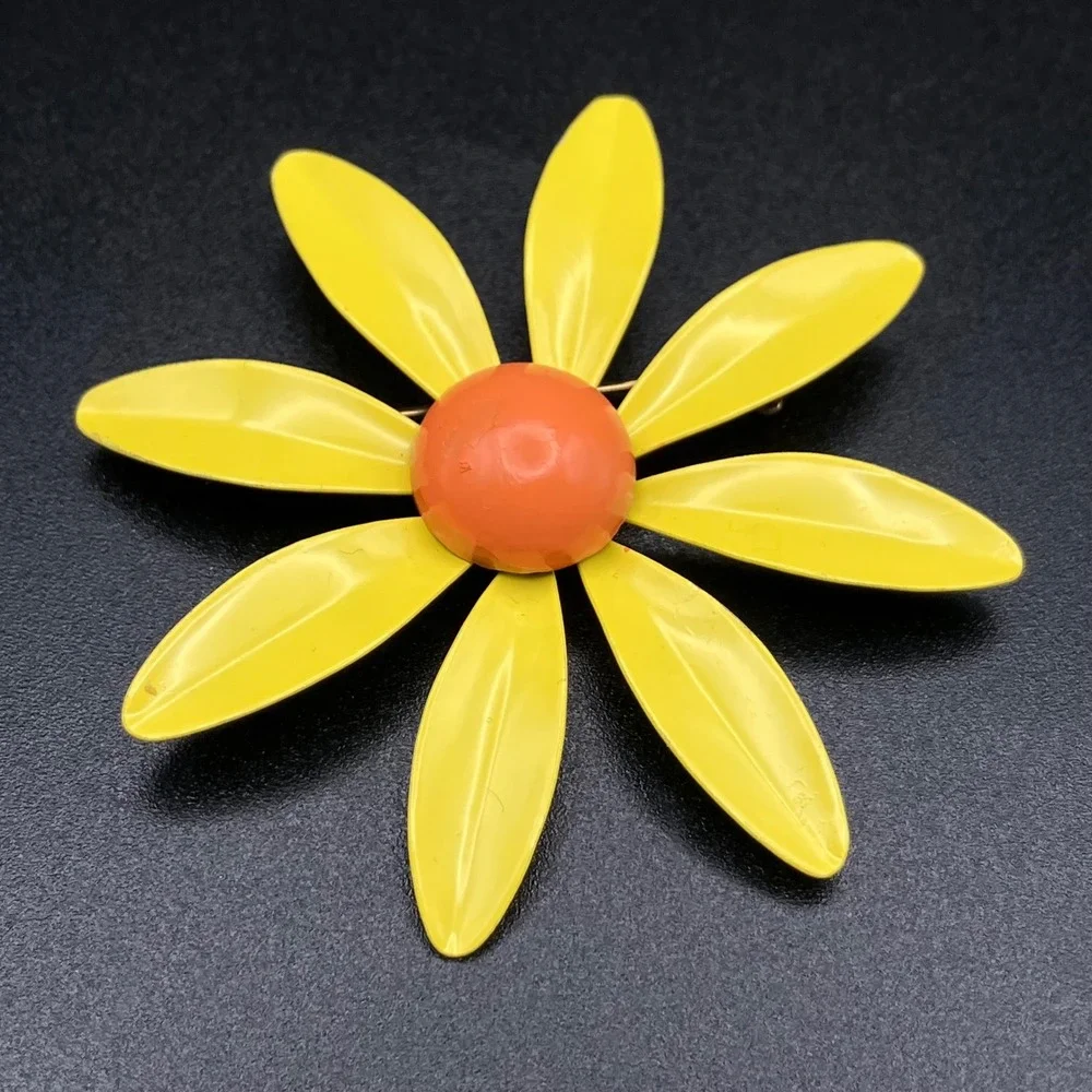 Vintage Enamel Daisy Flower Brooch Yellow Orange Large Mod Floral Pin 2.75in